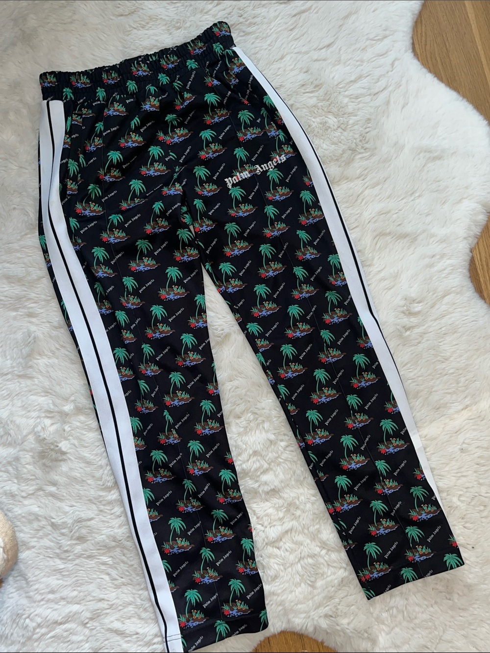 Palm Angels Black Track Pants with Green Palm Print